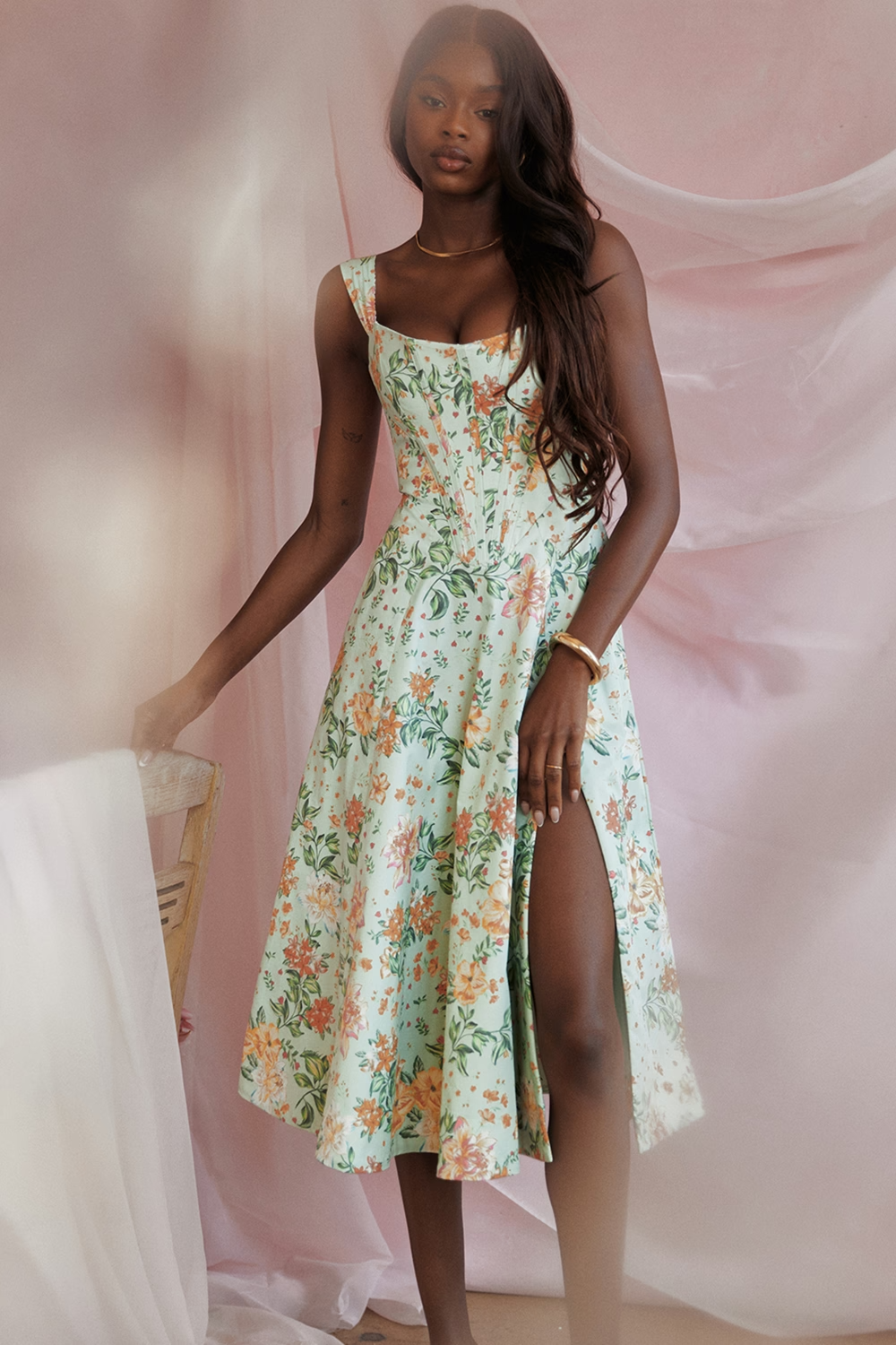 Bloemen midi jurk met corset en split dames – Loretta