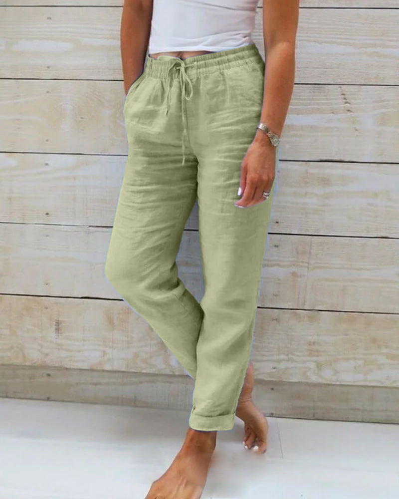 Lichte damesbroek met elastische taille en linnenmix – Susan