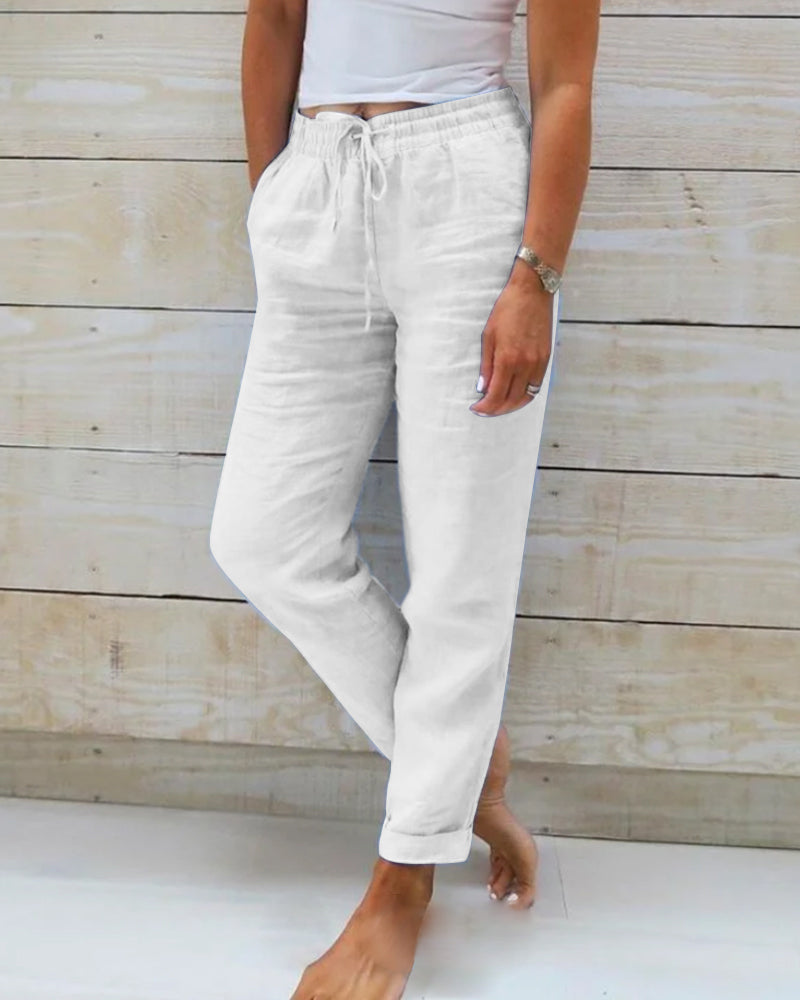Lichte damesbroek met elastische taille en linnenmix – Susan