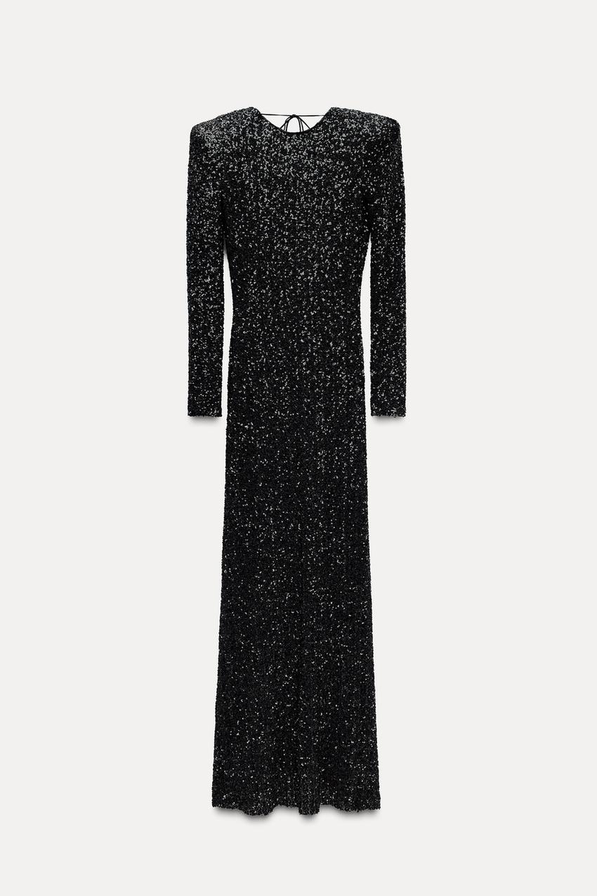 Maxi glitterjurk met open rug en lange mouwen – Yara