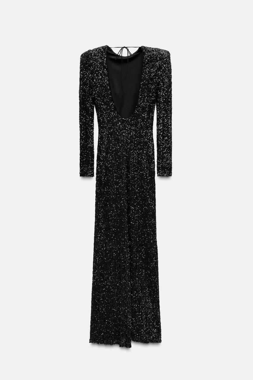 Maxi glitterjurk met open rug en lange mouwen – Yara