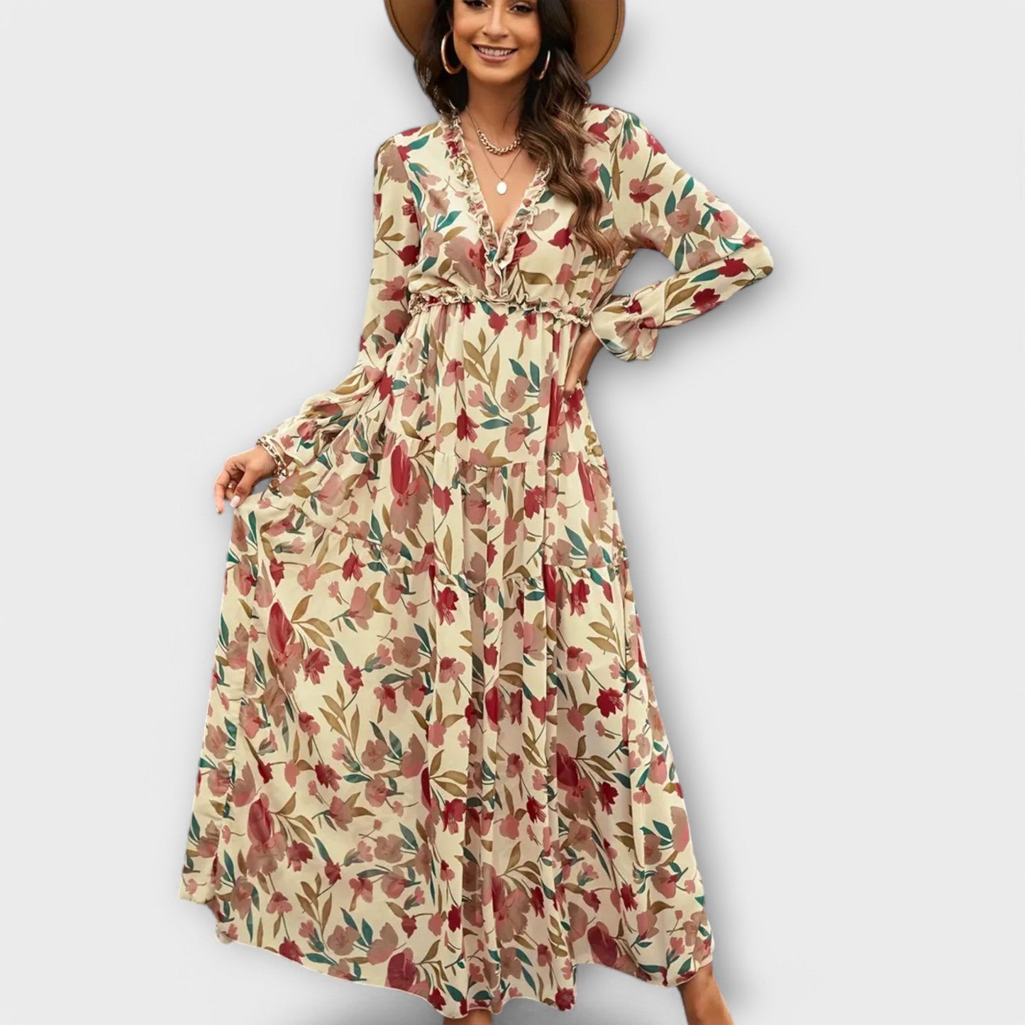 Maxi bloemenjurk V-hals elegant lange mouw – Fioroa