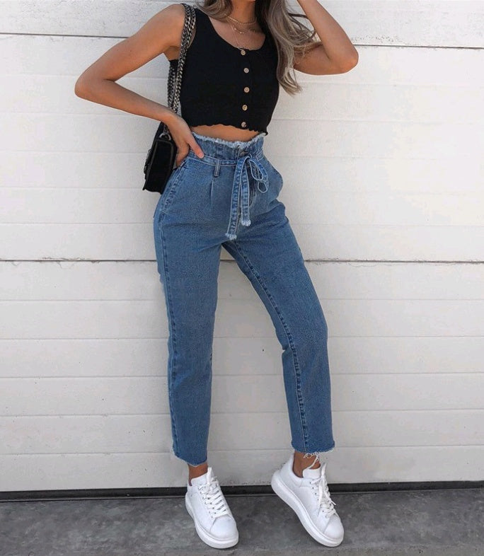 High Waist Damesjeans met Riem en Elegante Twist – Amaya