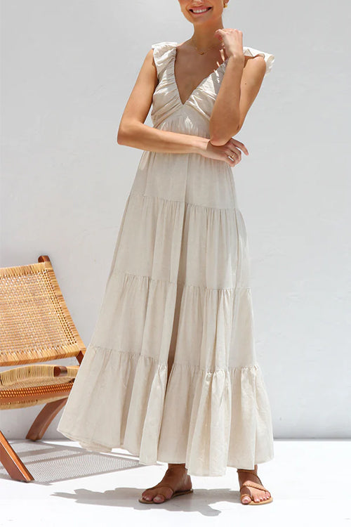V-hals maxi-jurk met ruches voor dames in linnenmix – Elviera