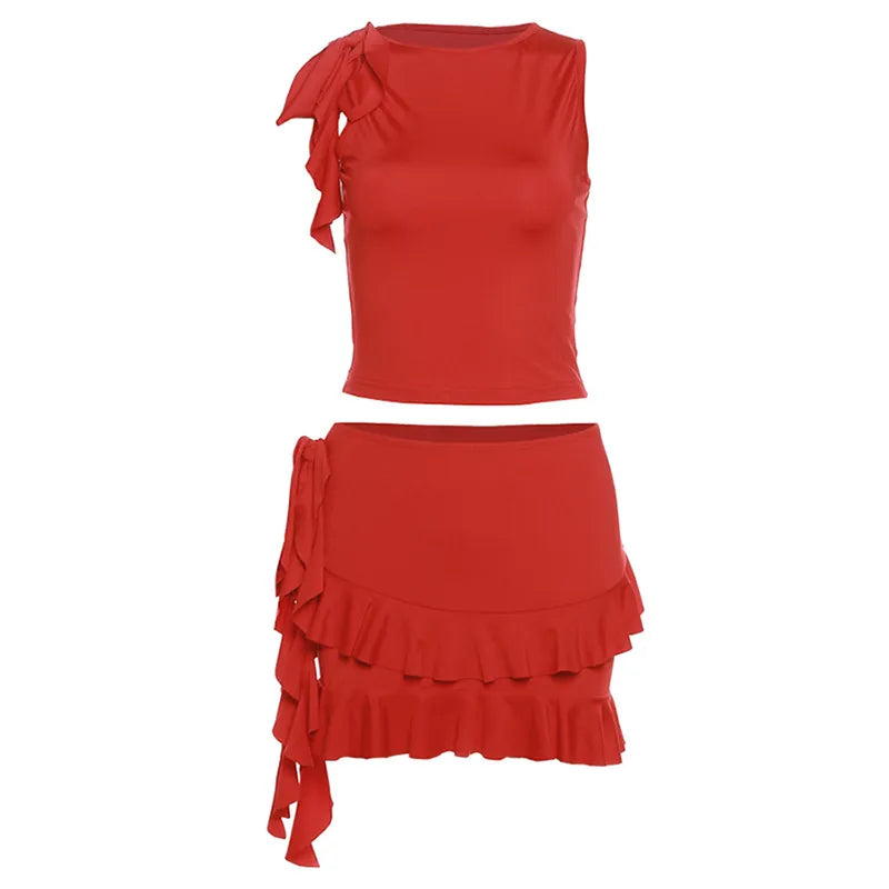 Rode crop top en rucherok set voor dames – Amara
