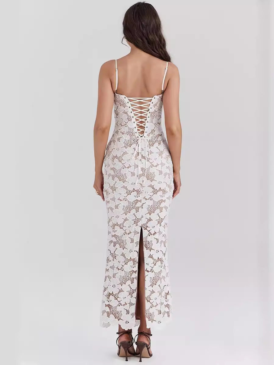 Luxe kanten maxi jurk met bloemenmotief – Leyla