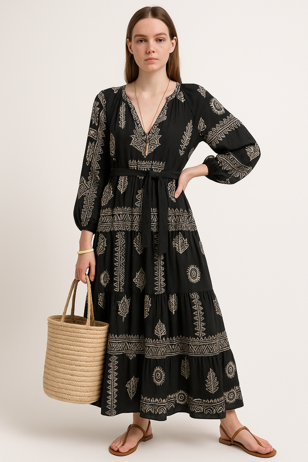 Maxi-jurk met V-hals en trompetmouwen – Serafina