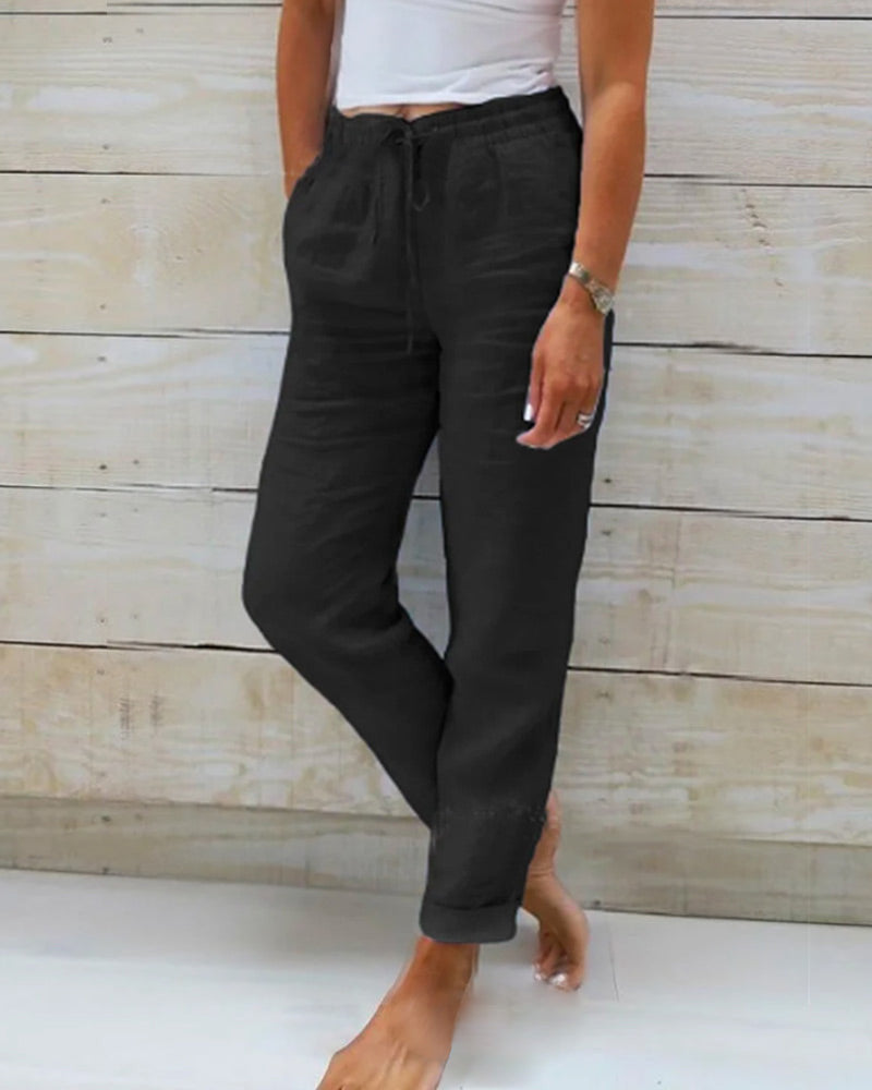Lichte damesbroek met elastische taille en linnenmix – Susan