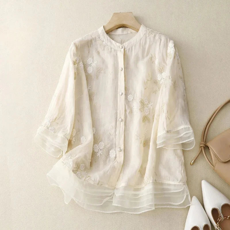 Broderie damesblouse luchtig katoen linnen stijl – Emilie