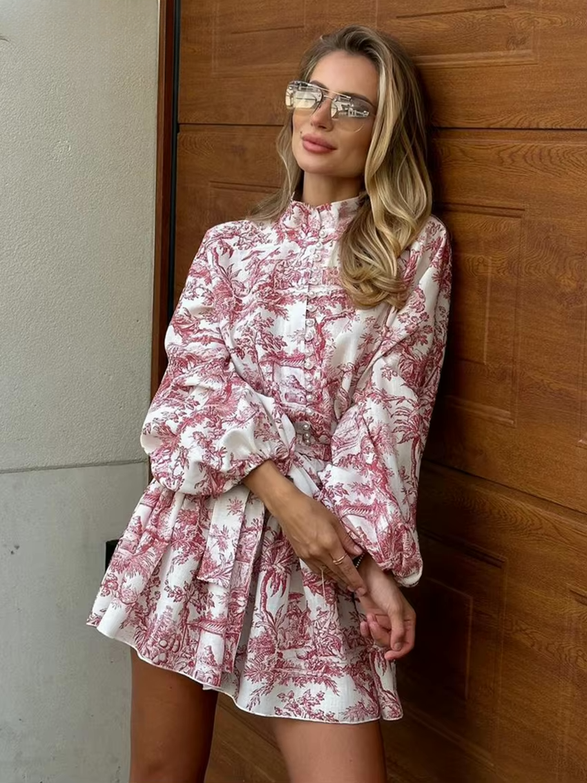 A-lijn mini-jurk met toile print en ballonmouwen – Elenora