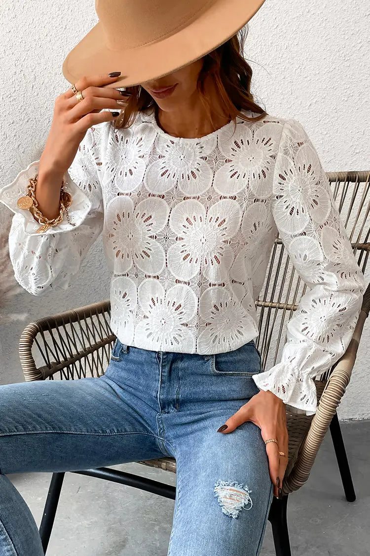 Witte bloemenblouse met trompetmouwen – Elise