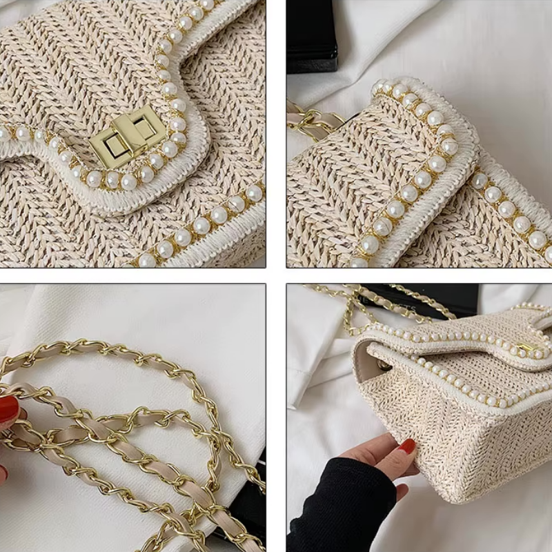 Boho schoudertas met pareldetail en ketting – Zivora