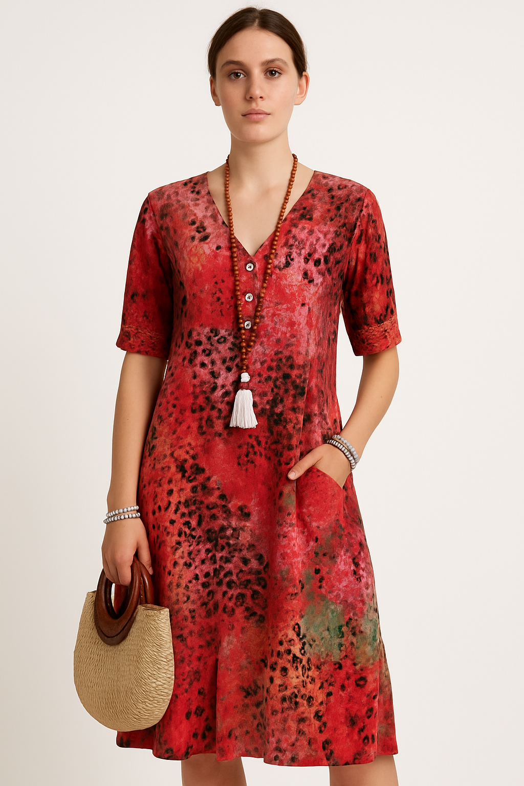 Bloemen midi-jurk met wikkeldesign en ademend comfort – Sabine