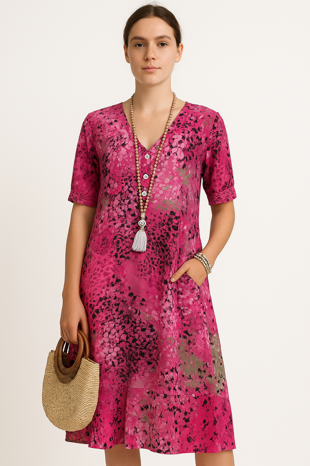 Bloemen midi-jurk met wikkeldesign en ademend comfort – Sabine