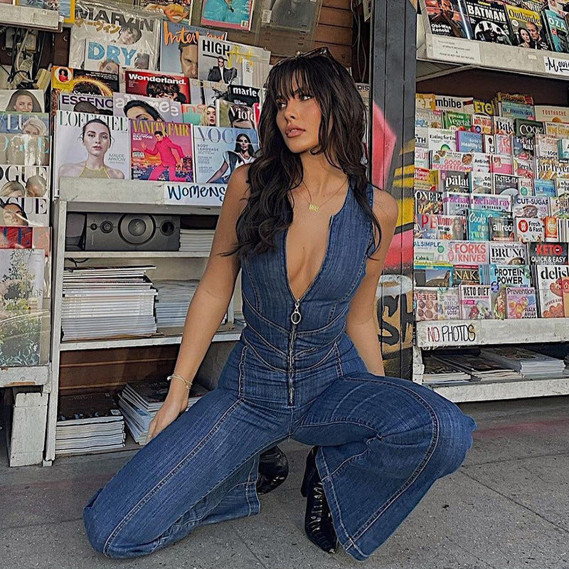 Denim jumpsuit met open rug voor dames – Roxanne