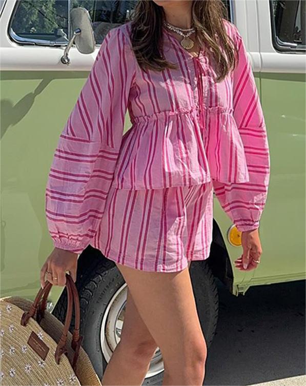 Gestreepte zomerset met ruffle top en short – Zoë