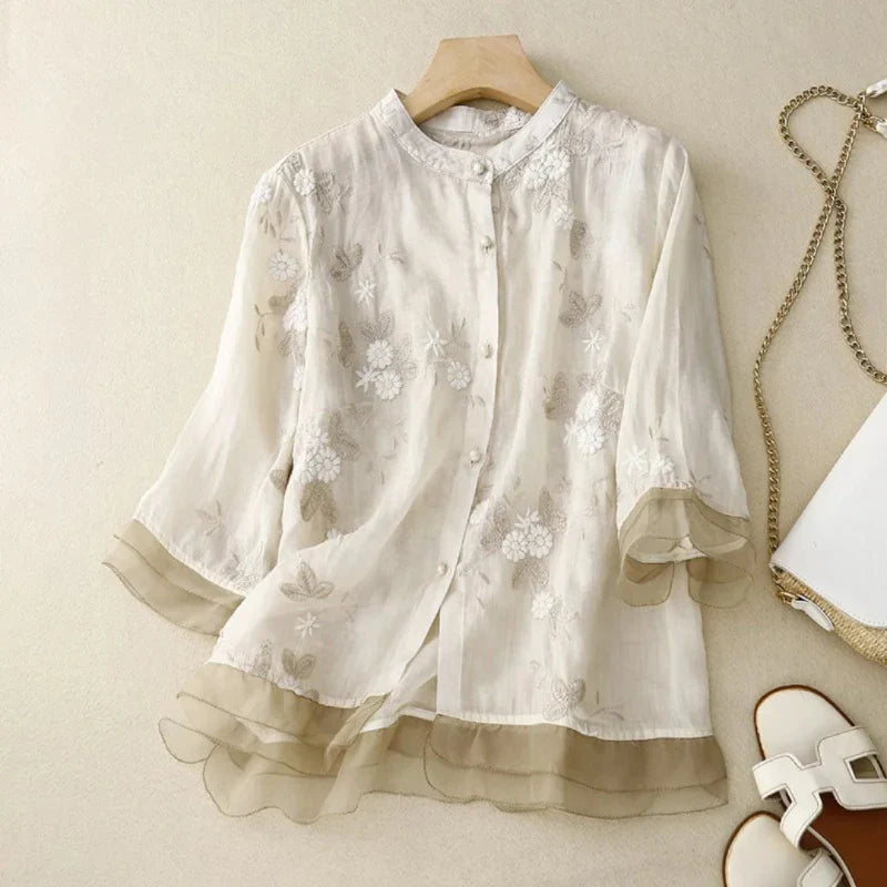 Broderie damesblouse luchtig katoen linnen stijl – Emilie