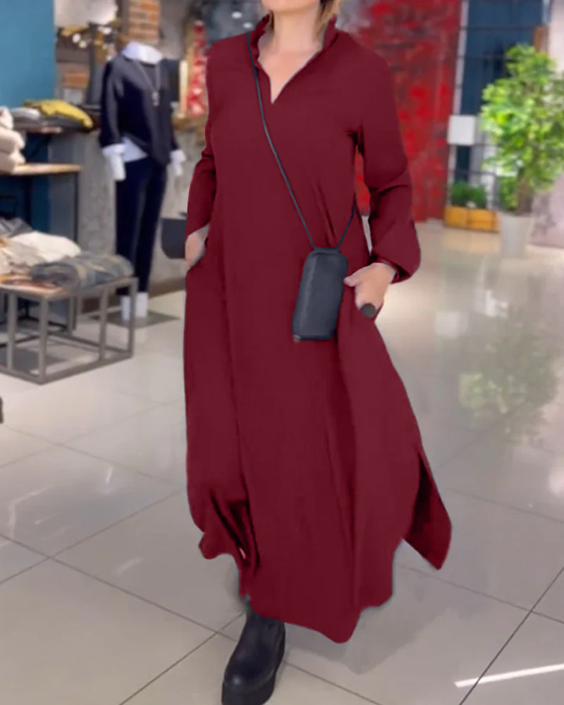 Relaxed maxi jurk met split en reverskraag – Isalda