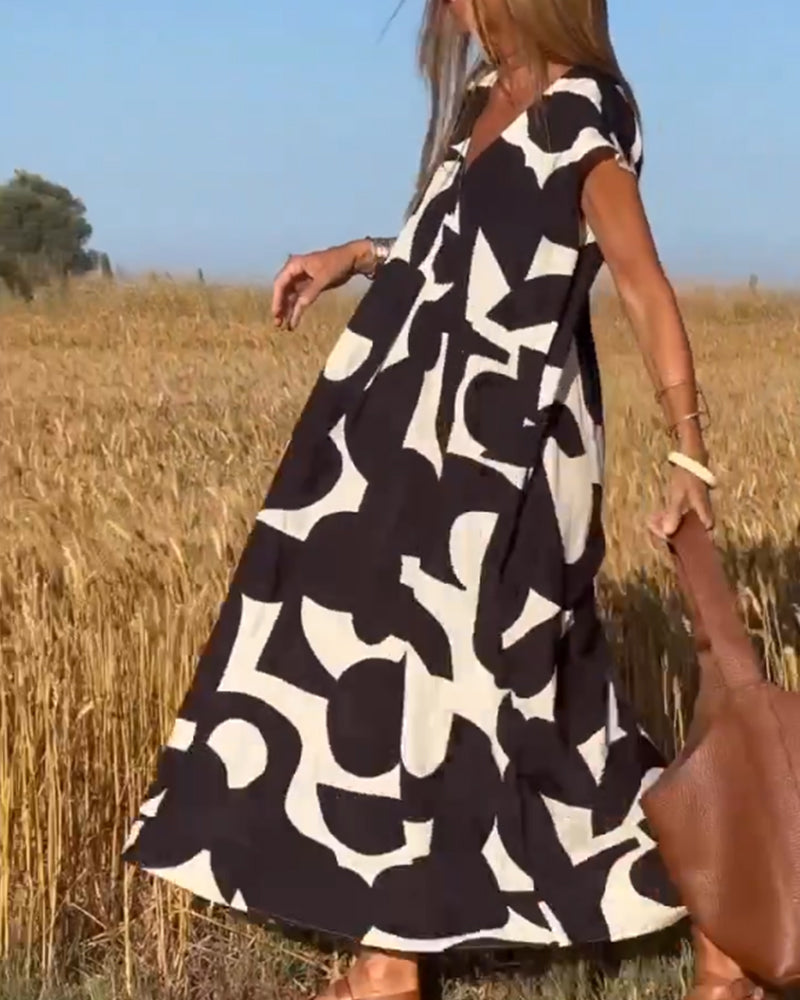 Dames Gedrukte Zomerjurk V-hals Elegant Comfort – Serina
