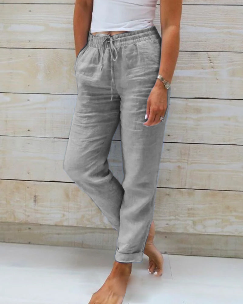 Lichte damesbroek met elastische taille en linnenmix – Susan