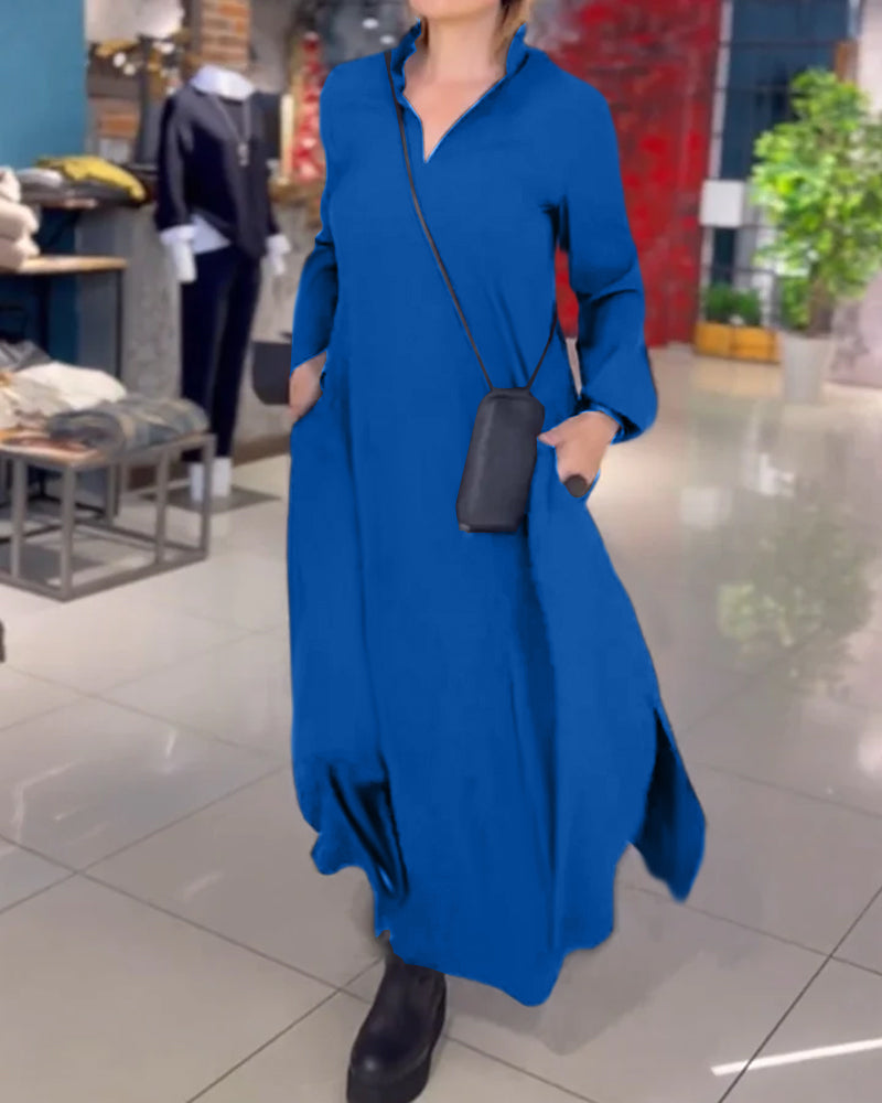 Relaxed maxi jurk met split en reverskraag – Isalda