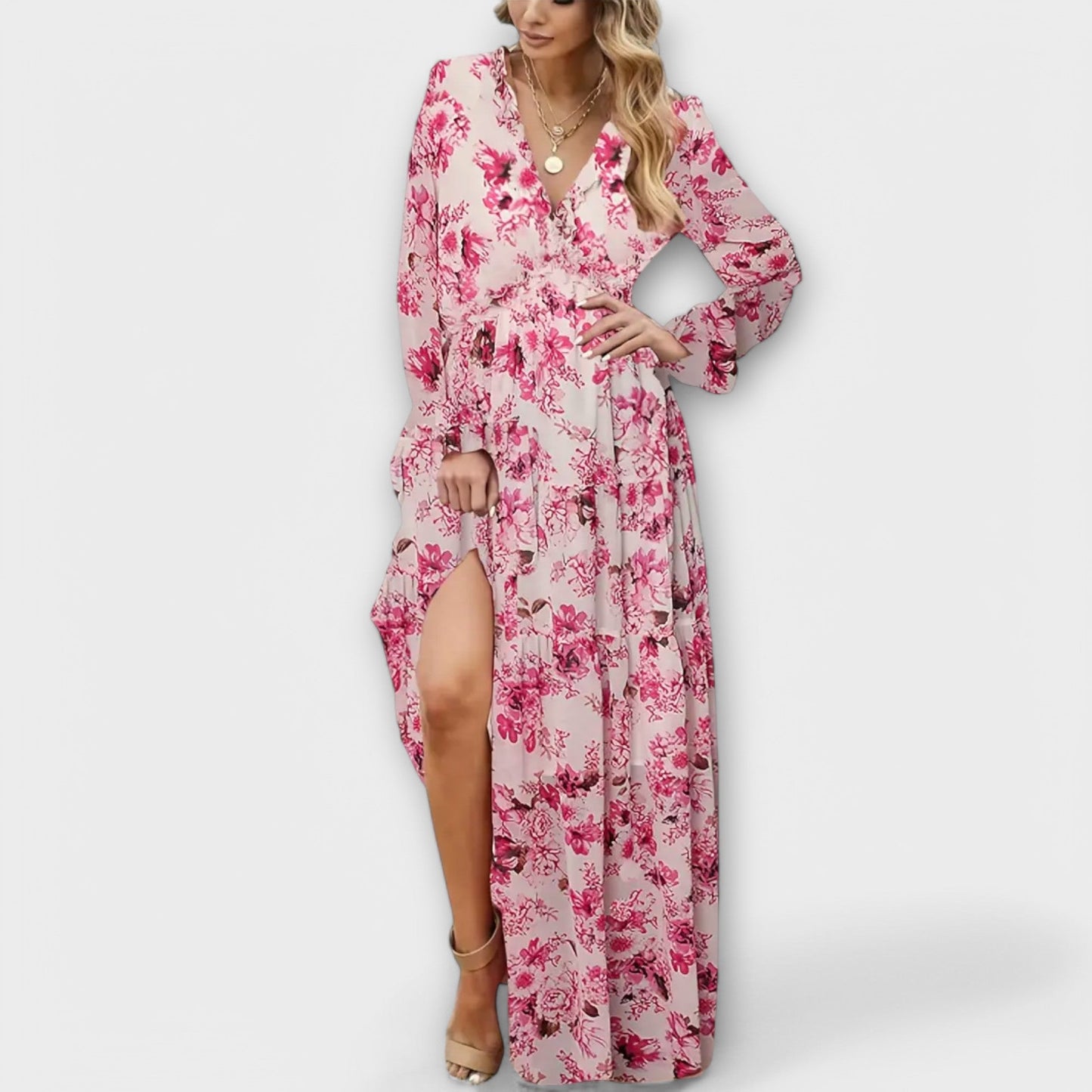 Maxi bloemenjurk V-hals elegant lange mouw – Fioroa