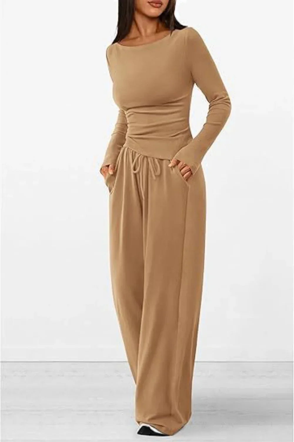Ronde hals lange mouw top en broek set – Donna