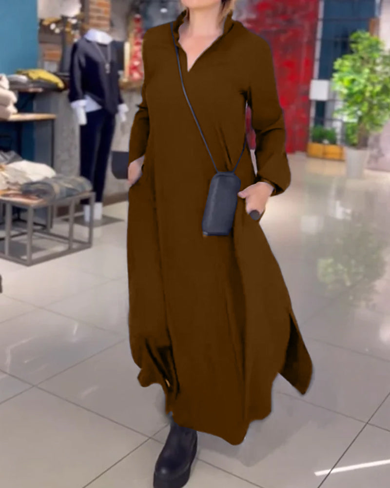 Relaxed maxi jurk met split en reverskraag – Isalda