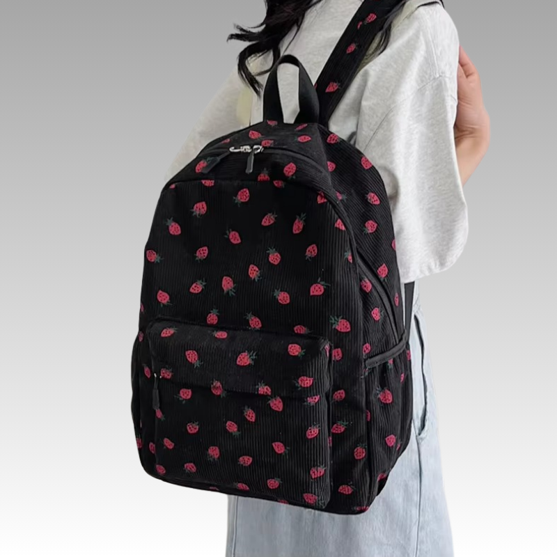 Corduroy rugzak met aardbeiprint en laptopvak – Frezana