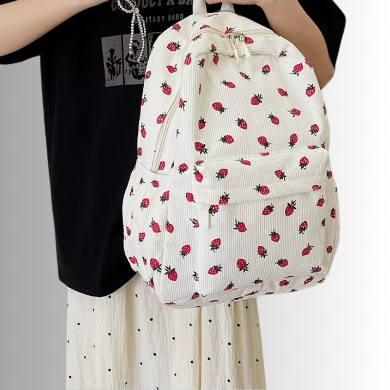 Corduroy rugzak met aardbeienprint voor dames – Frilana