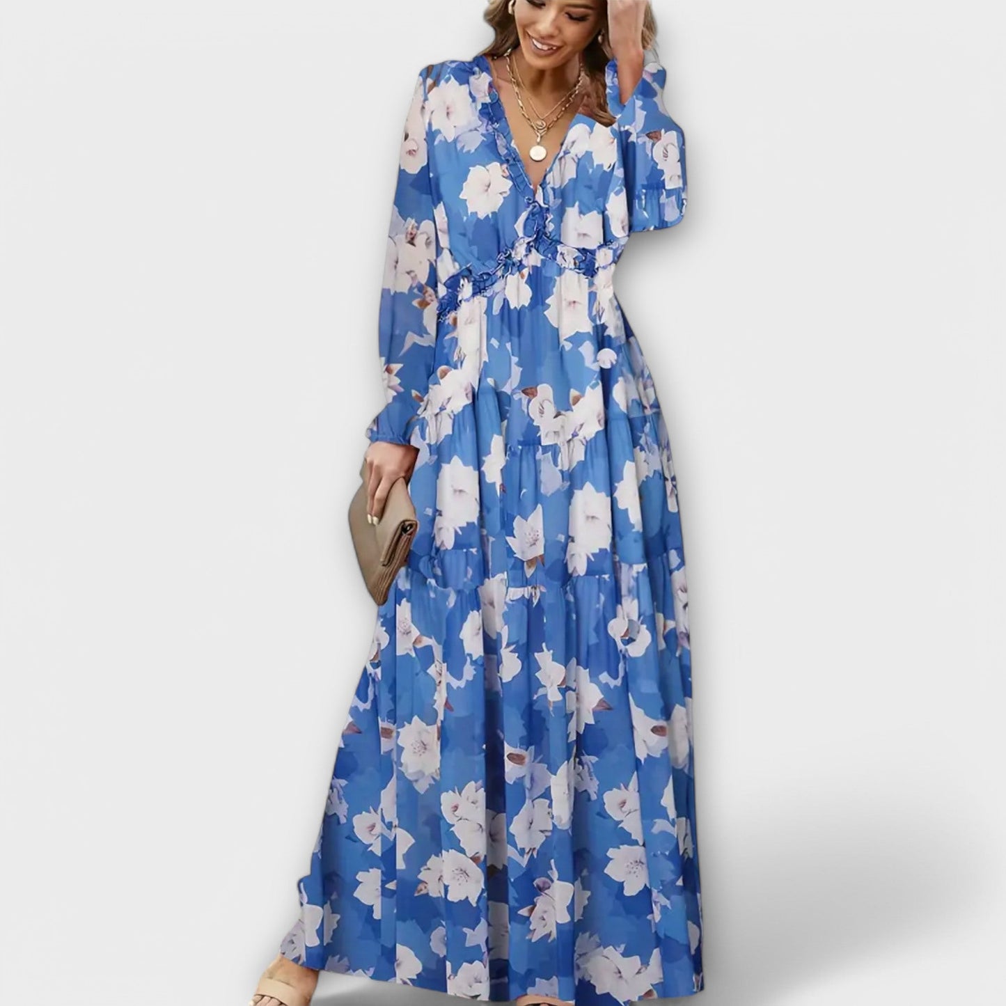 Maxi bloemenjurk V-hals elegant lange mouw – Fioroa