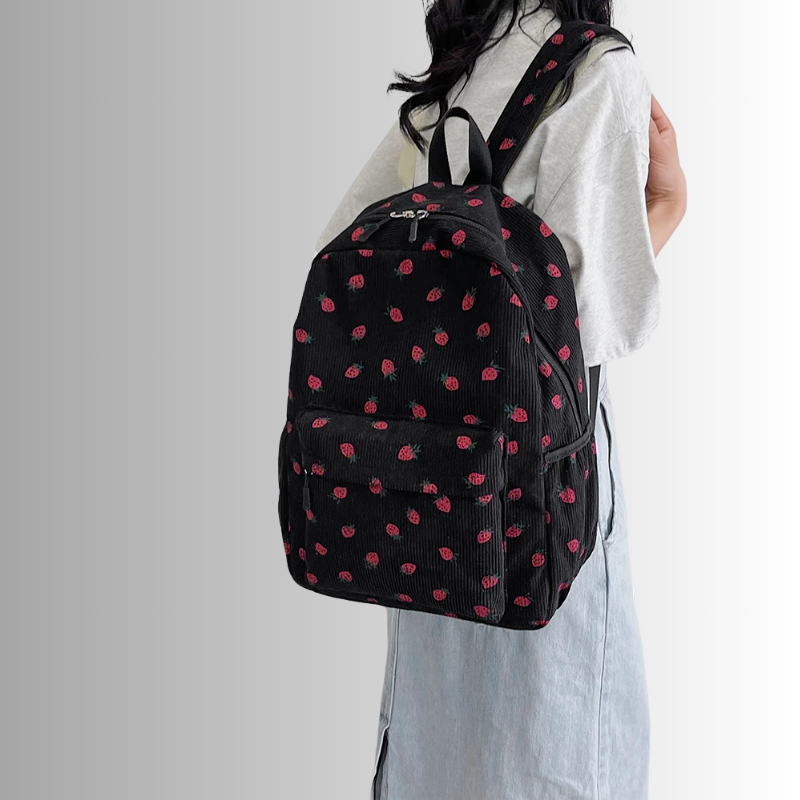 Corduroy rugzak met aardbeiprint en laptopvak – Frezana
