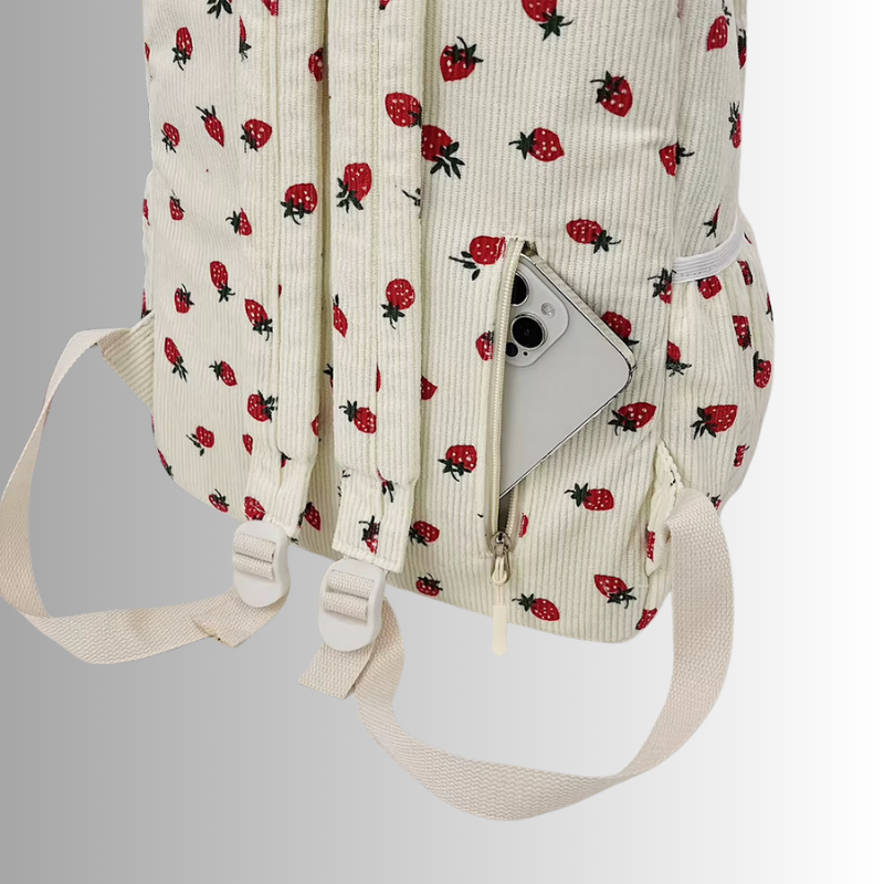 Corduroy rugzak met aardbeiprint en laptopvak – Frezana