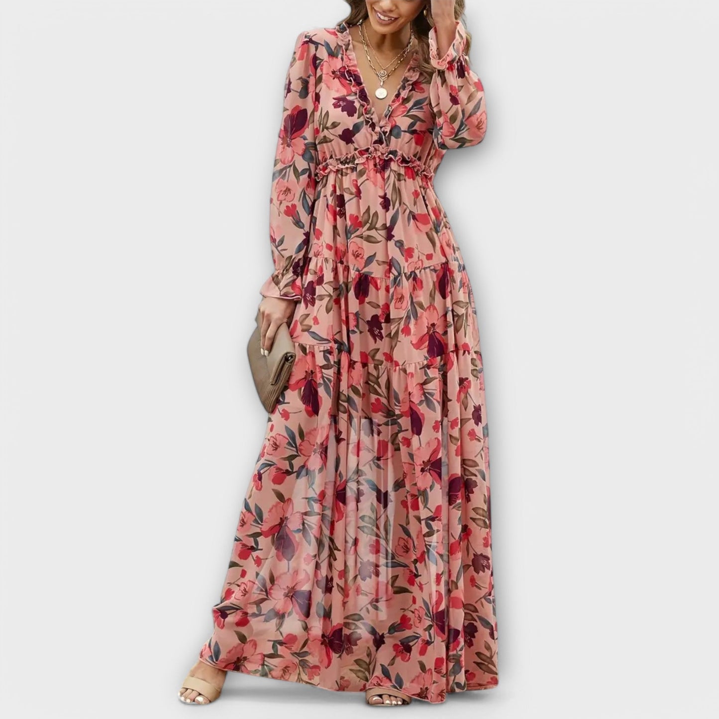 Maxi bloemenjurk V-hals elegant lange mouw – Fioroa
