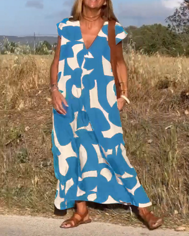 Dames Gedrukte Zomerjurk V-hals Elegant Comfort – Serina