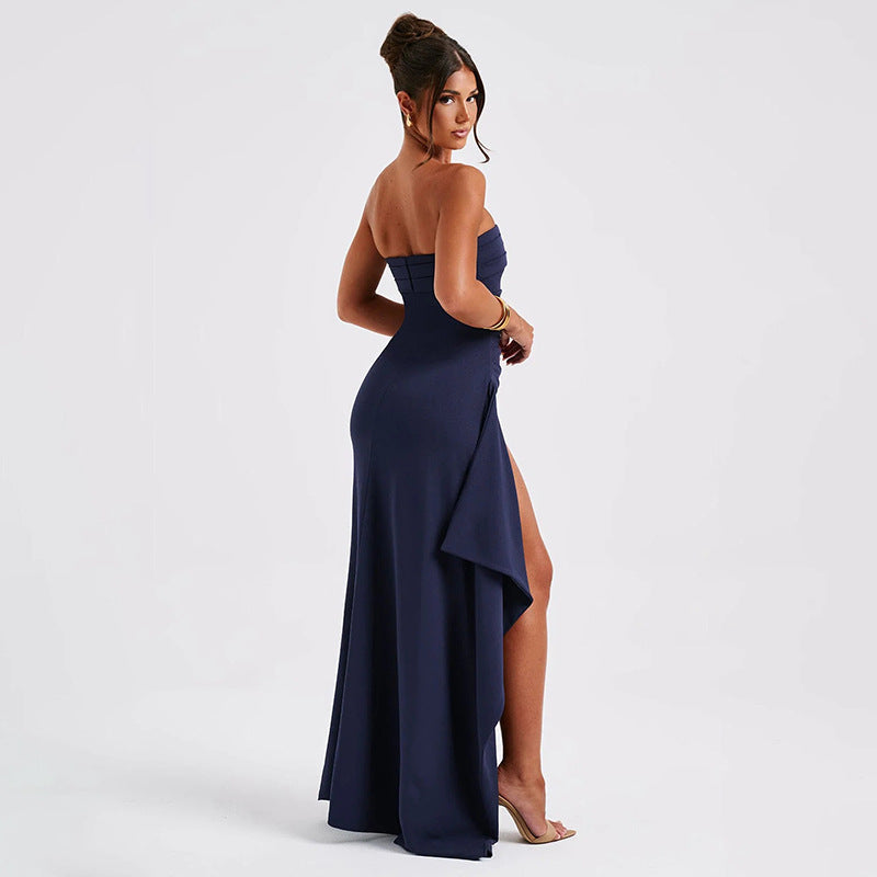 Strapless maxi jurk met split en plooien dames – Liora