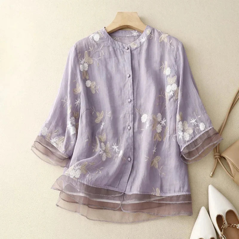 Broderie damesblouse luchtig katoen linnen stijl – Emilie