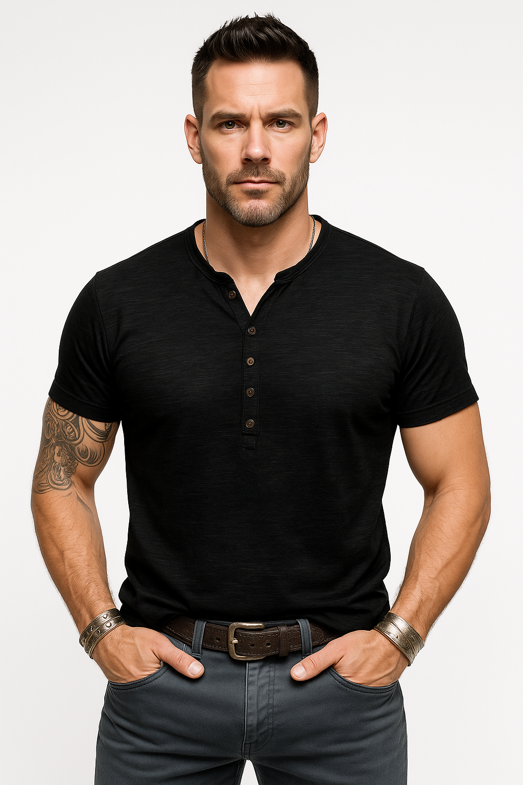 Henley shirt heren katoen vintage stijl zomer – Bas