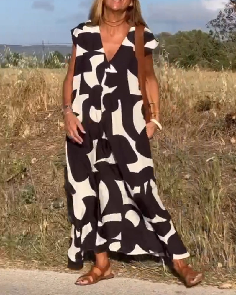 Dames Gedrukte Zomerjurk V-hals Elegant Comfort – Serina
