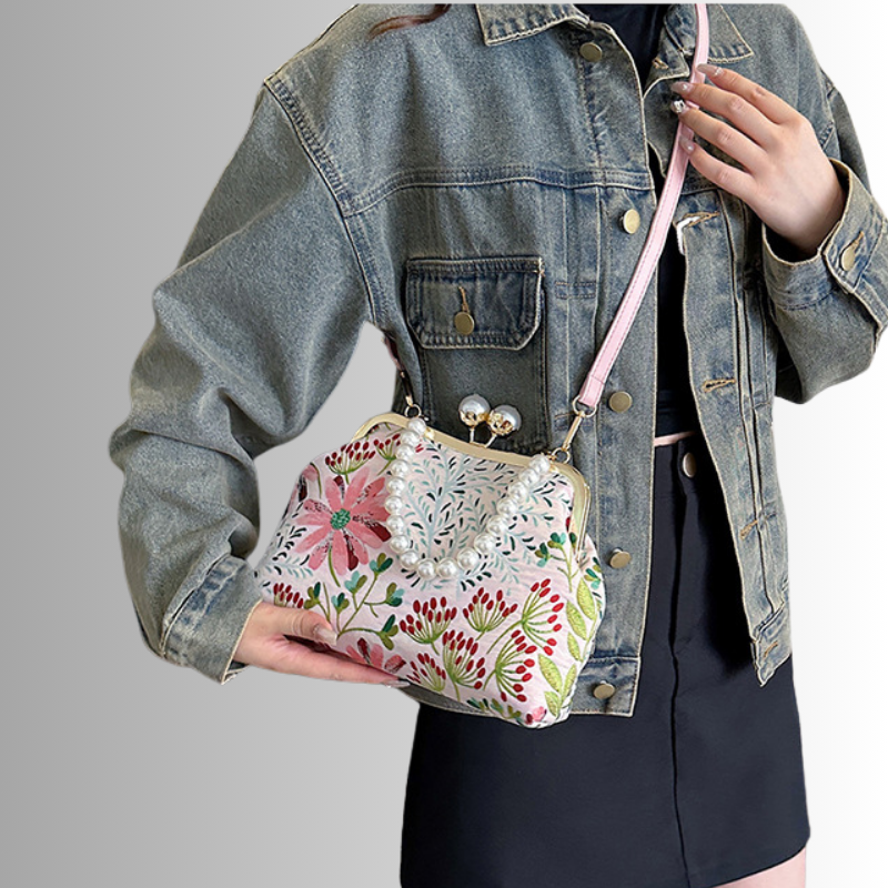Bloemen clutch met parelketting voor dames – Alurelle