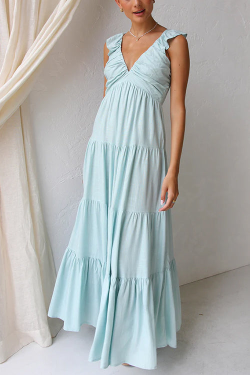 V-hals maxi-jurk met ruches voor dames in linnenmix – Elviera
