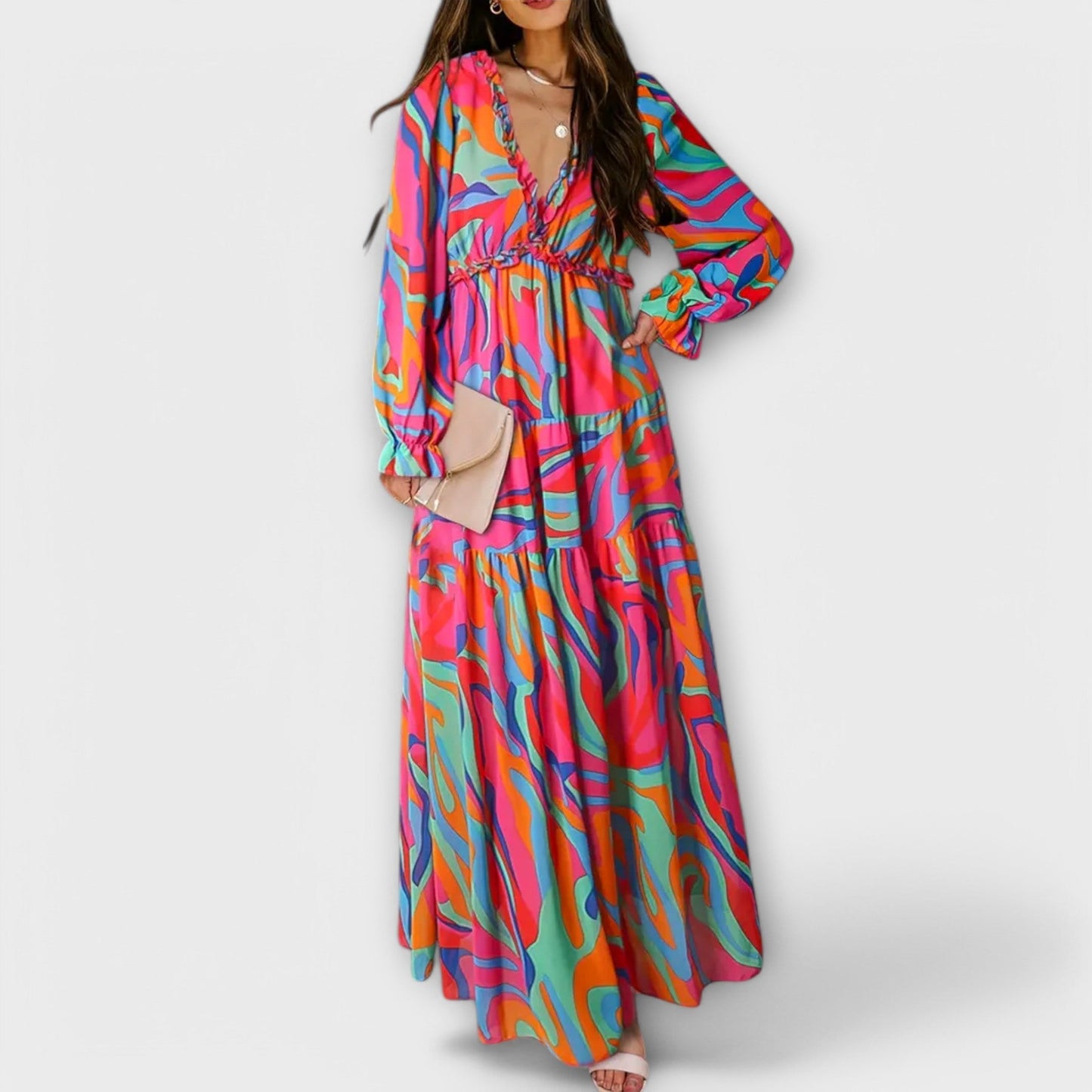 Maxi bloemenjurk V-hals elegant lange mouw – Fioroa