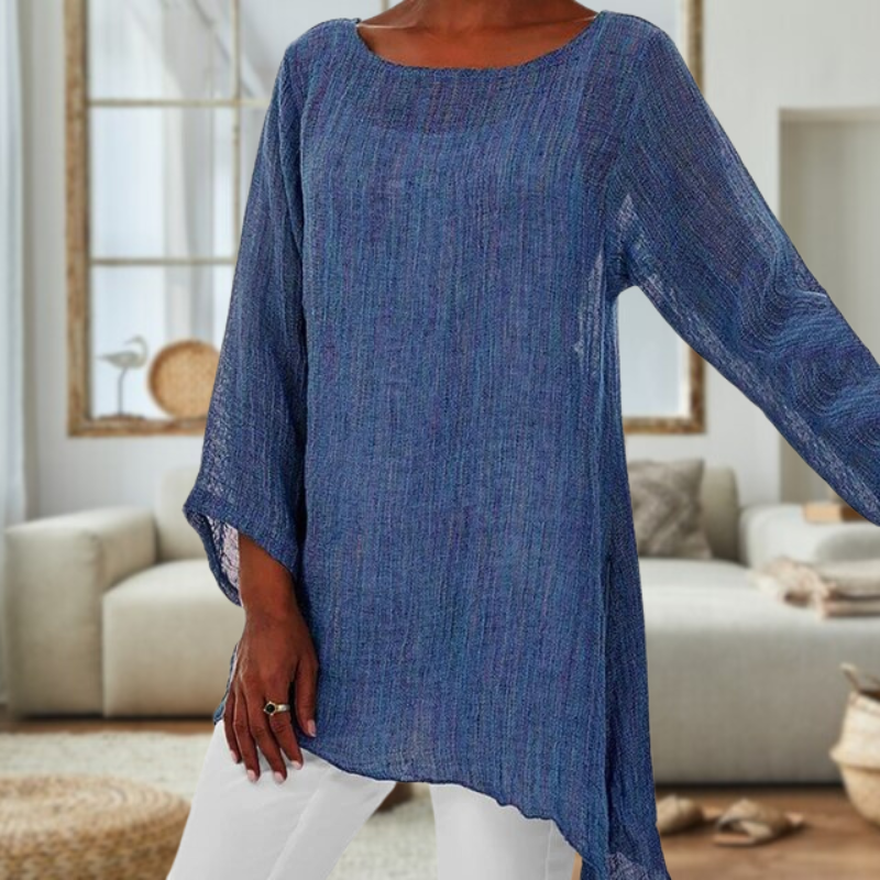 Chique linnen blouse met lange mouwen en ronde hals – Emilia