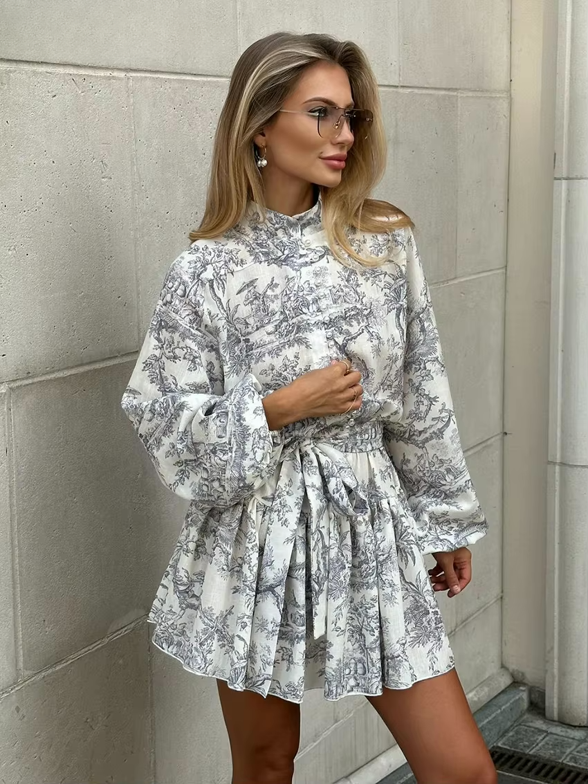A-lijn mini-jurk met toile print en ballonmouwen – Elenora