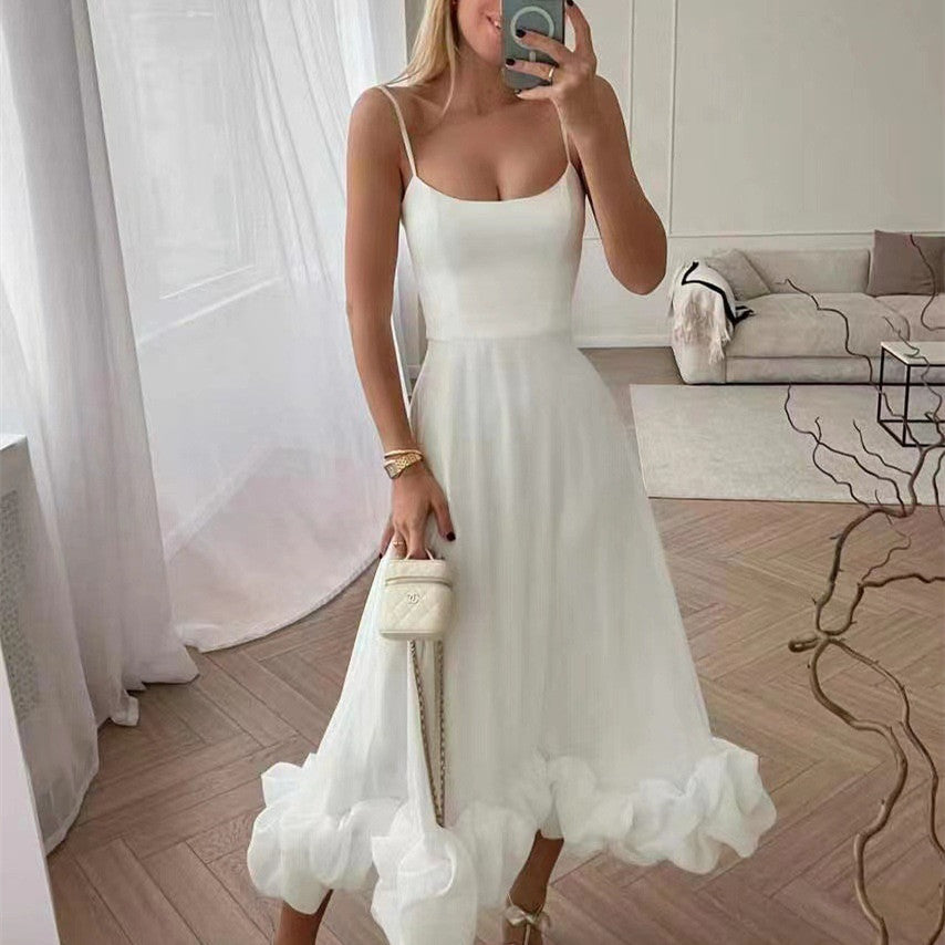 Chiffon midi jurk met ruches en verstelbare bandjes – Elenia