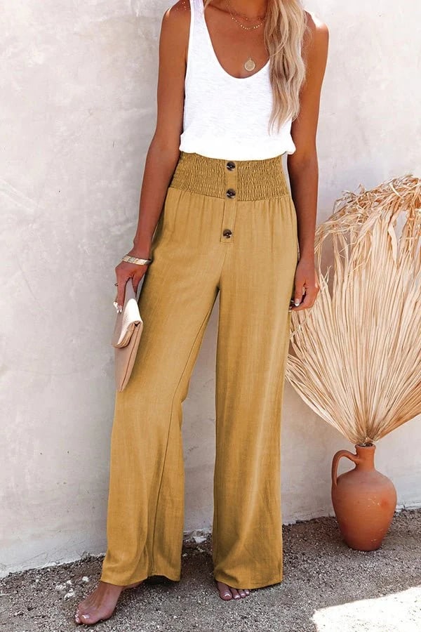 Hoge taille damesbroek met knoopdetail en comfort – Riana