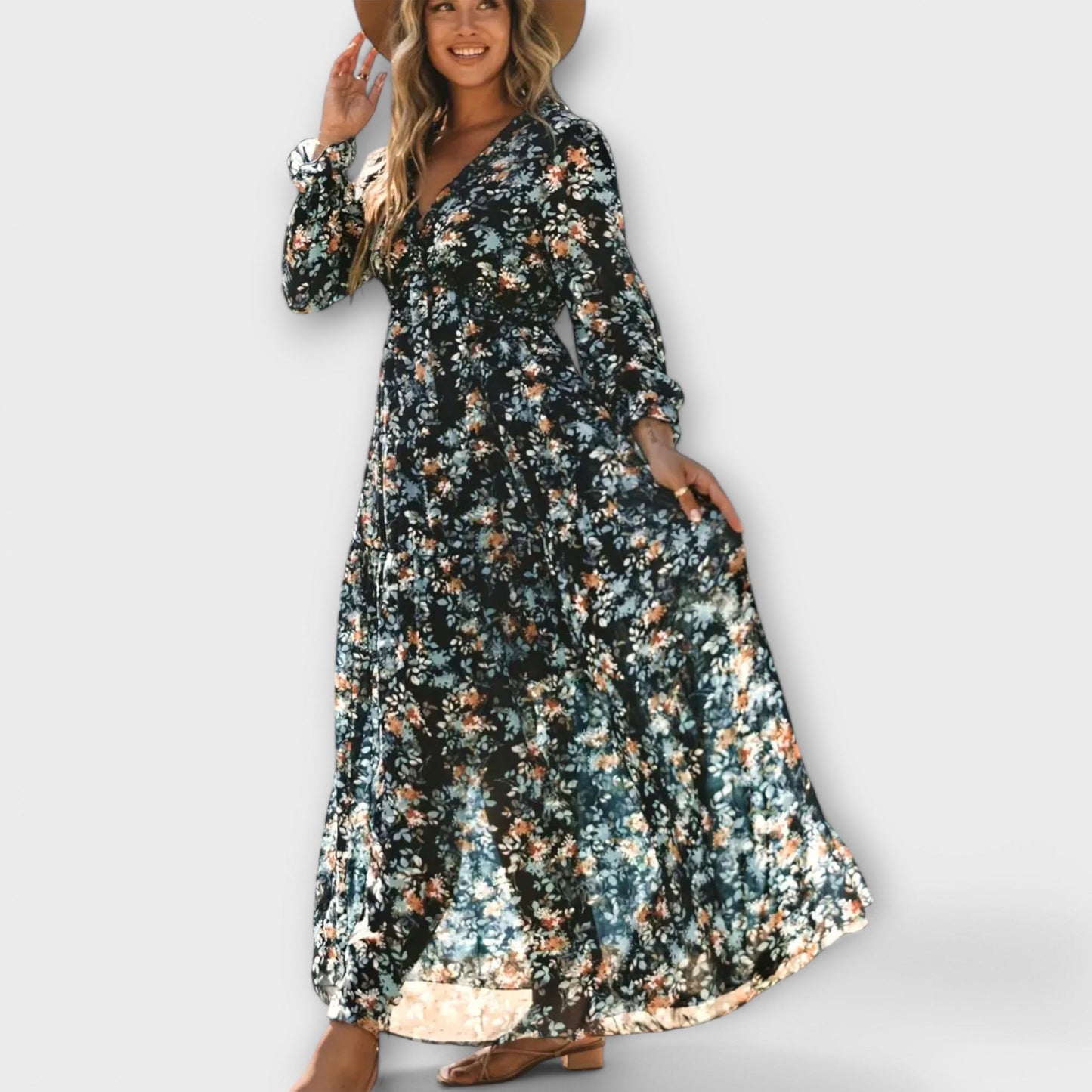 Maxi bloemenjurk V-hals elegant lange mouw – Fioroa