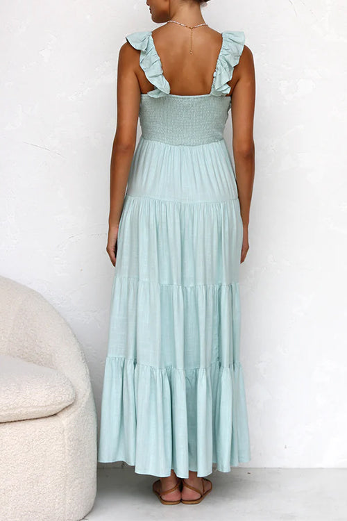 V-hals maxi-jurk met ruches voor dames in linnenmix – Elviera