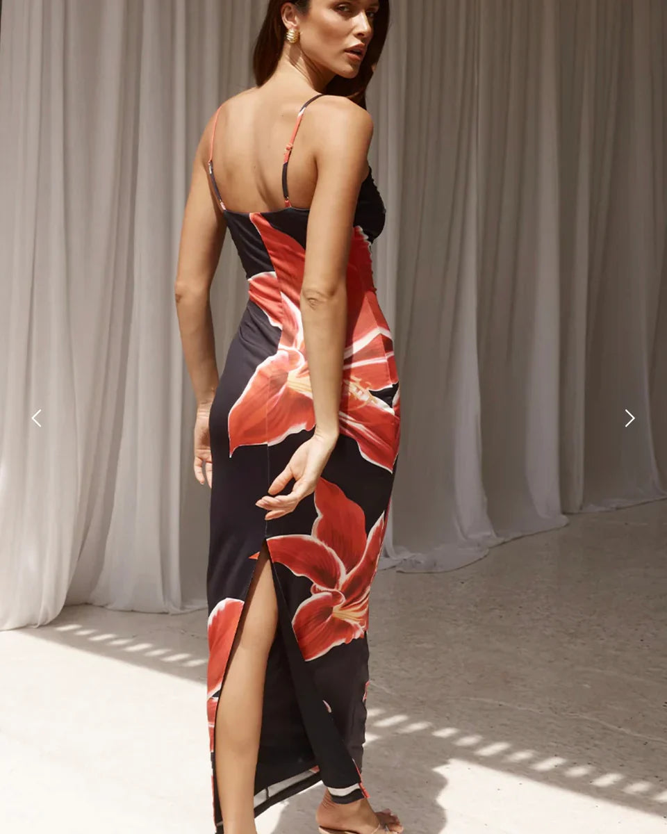 Figuur flatterende dames midi-jurk met bloemenaccent – Neyora