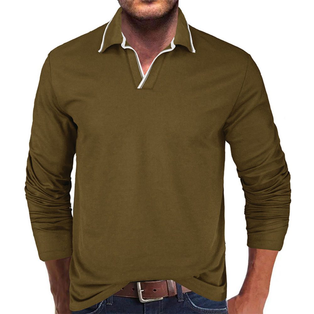 Heren Asymmetrisch V-Hals Polo Shirt met Lange Mouwen – Lars